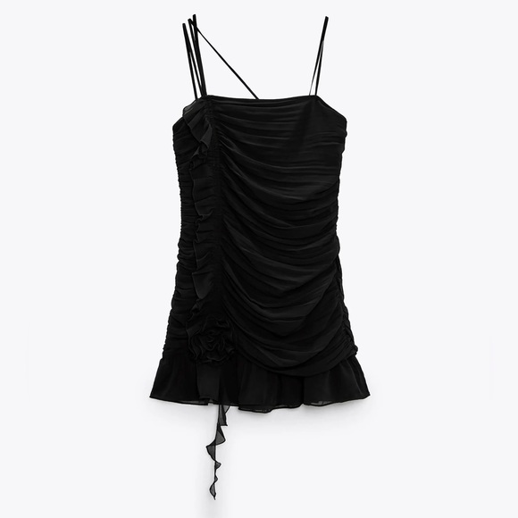 NWT ZARA Ruffled Dress with Flower  Black Mini Dress Romantic Feminine Straps - Picture 9 of 12